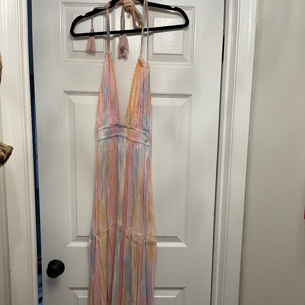 Long colorful halter tie and low back dress or coverup